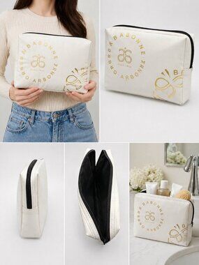 Arbonne White & Gold Zippered Cosmetic Bag With Black Lining - Travel Makeup Org